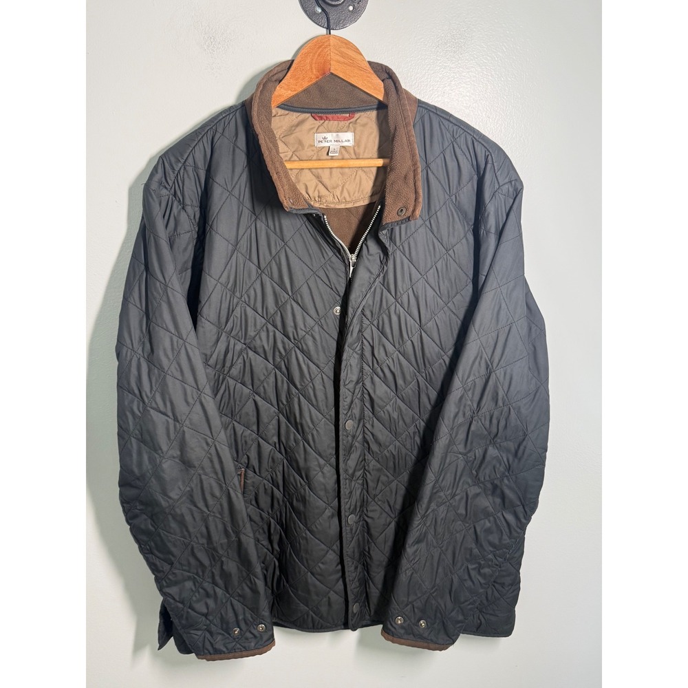 Peter Millar Mens Quilted Jacket Black Brown Trim Diamond Quilt Coat Large